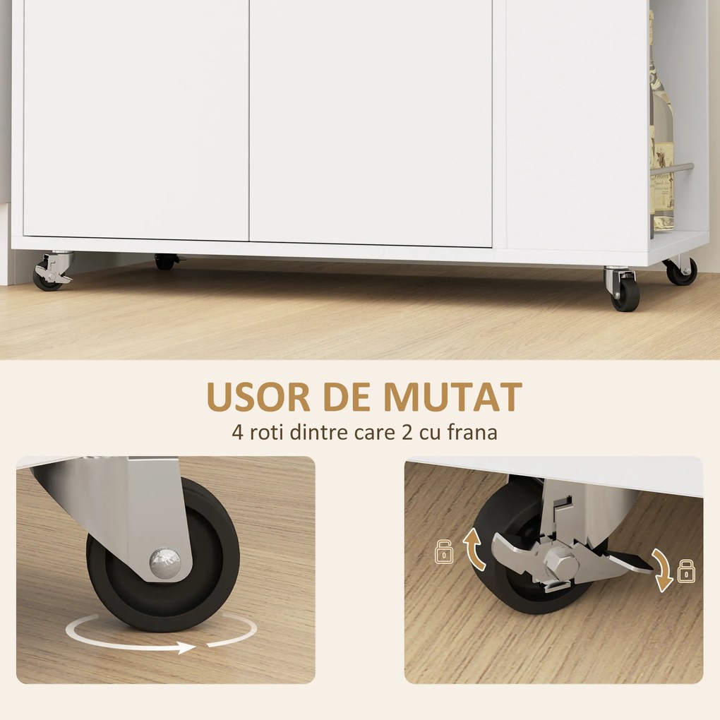 HOMCOM Cărucior de Bucătărie cu Raft Deschis, Dulăpior cu 2 Uși și Raft Lateral pe 2 Niveluri, 75x40x80,5 cm, Alb | Aosom Romania