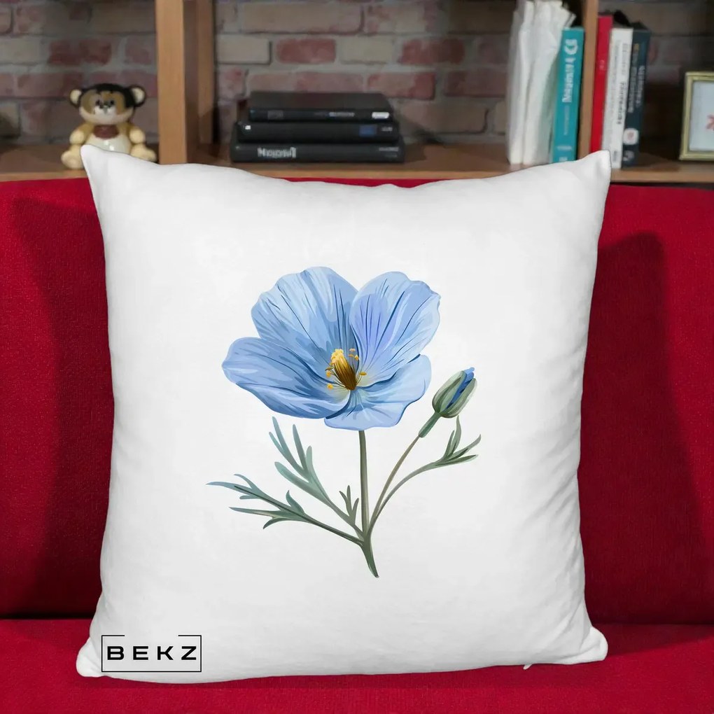 Perna Decorativa Mac Albastru Acuarela, 40x40 cm, Alb Pufos, Husa Detasabila, Perna Inclusa, BEKZ®