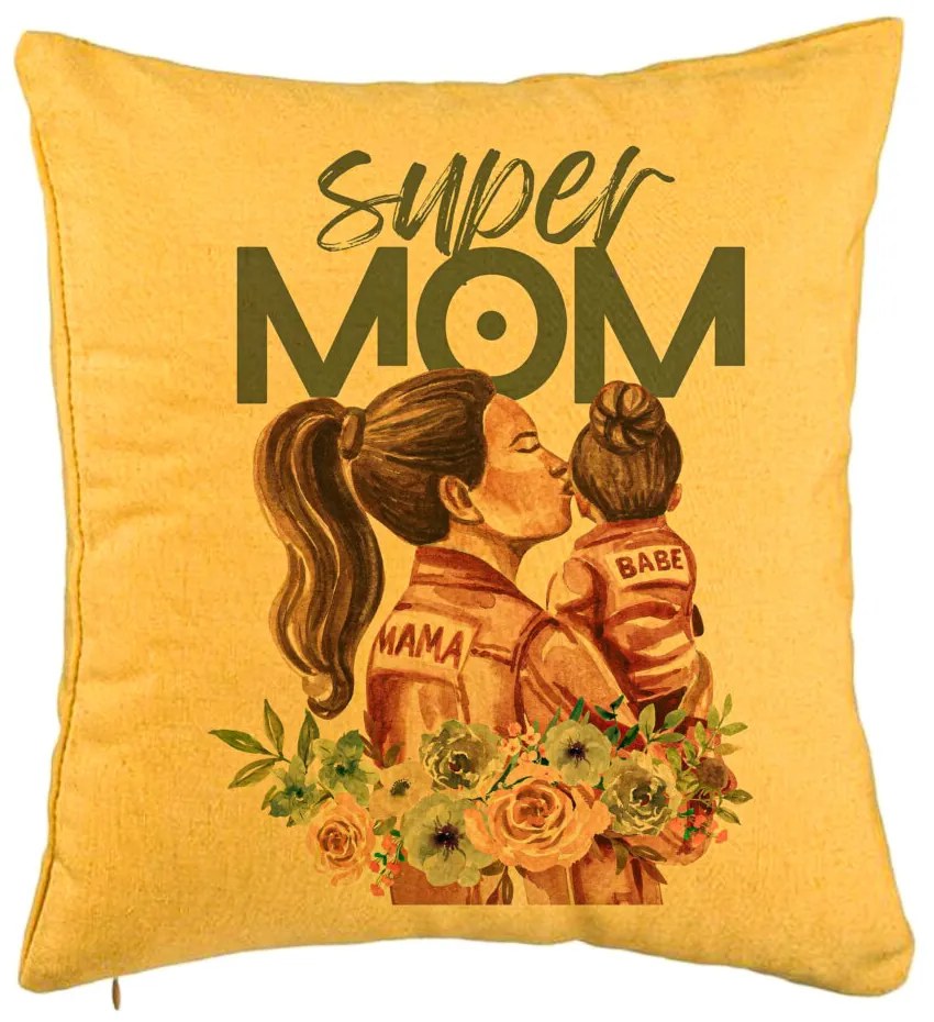 Perna Decorativa, Model Super MOM Babe, 40x40 cm, Galben, Husa Detasabila, Burduf