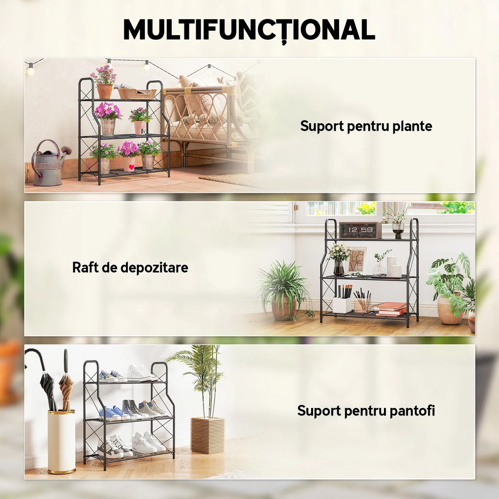 Outsunny Suport pentru Plante Vertical cu 3 Niveluri, cu Suporturi Laterale în X, Suport Ghivece cu Mânere Integrate din Metal pentru Interior și Exterior, 69x28.5x78 cm, Negru | Aosom Romania