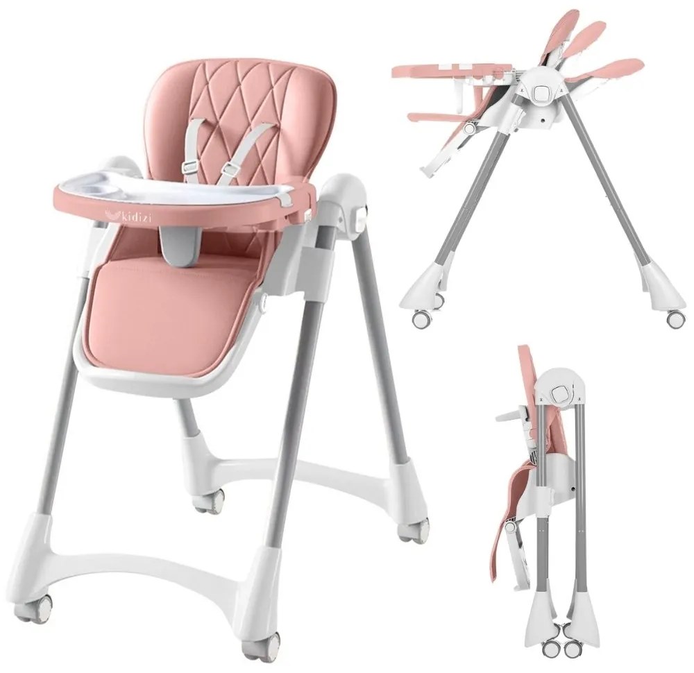 Scaun de masa pliabil pentru bebelusi si copii Kidizi Allure Roz, 6-36 luni, spatar ajustabil 3 pozitii, roti cu frane