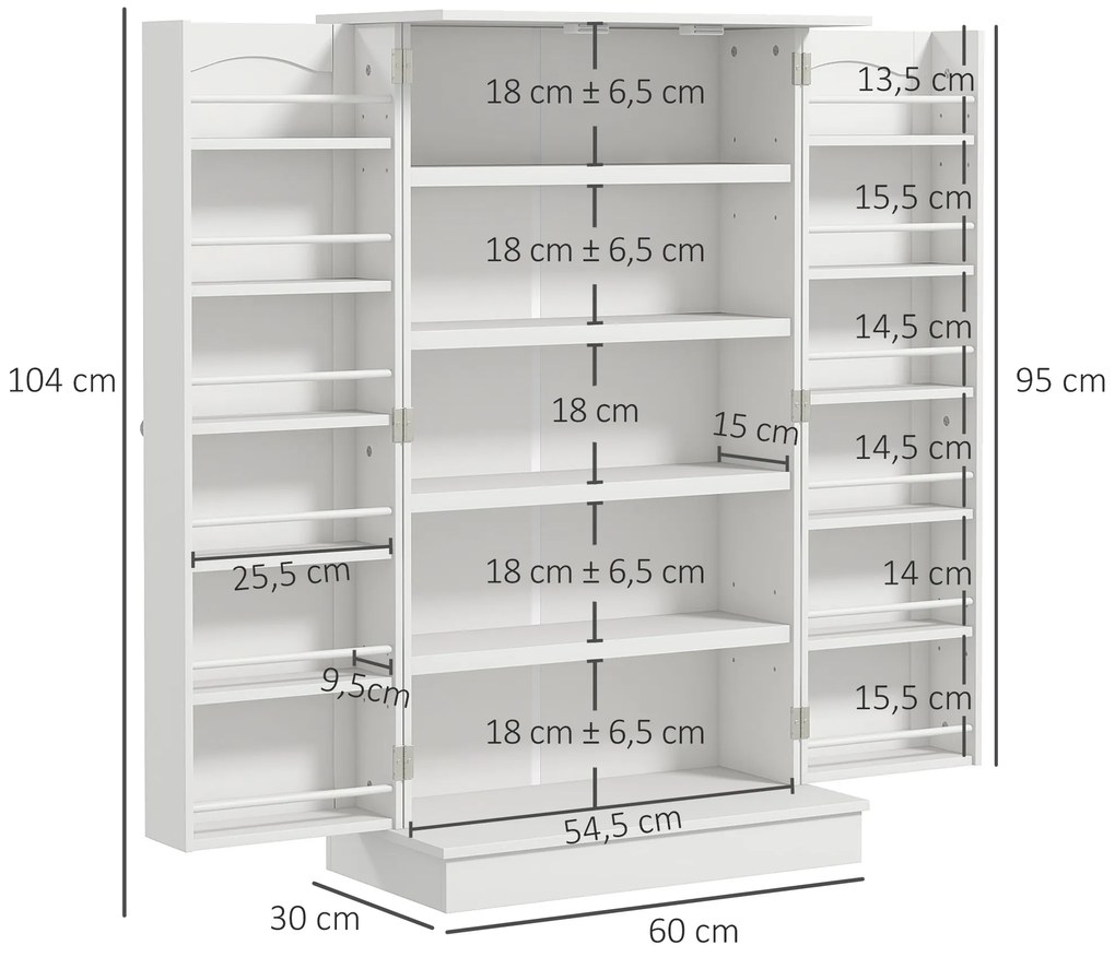 HOMCOM Dulap bucătărie garde-manger cu 2 uși, 5 rafturi și 12 recipiente pentru condimente - 60 x 30 x 104 cm - alb | Aosom Romania