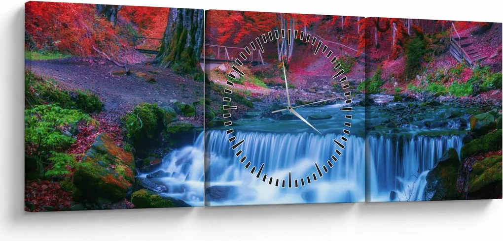 Tablou - Cascada în pădurea roșie (cu ceas) (90x30 cm)