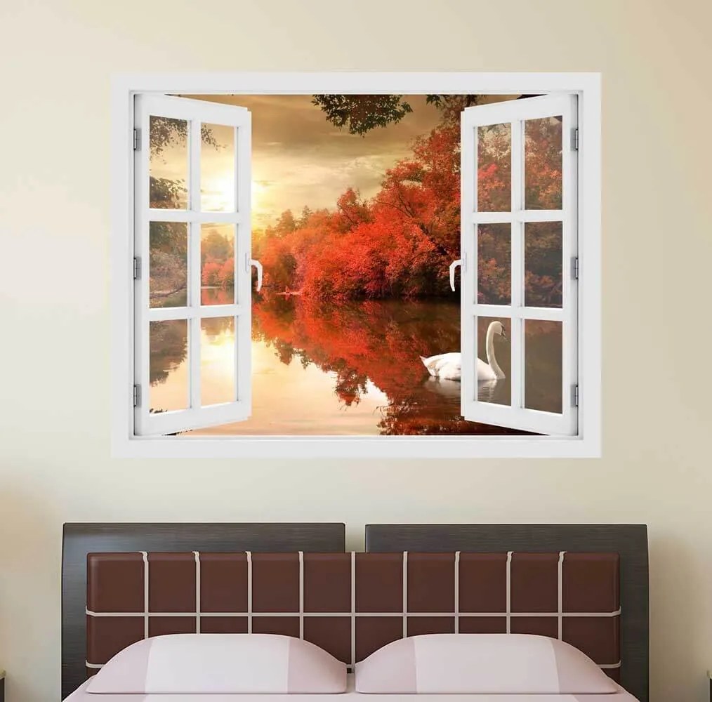 Fereastra cu efect 3D - Lebada in apus de soare - 119x93 cm