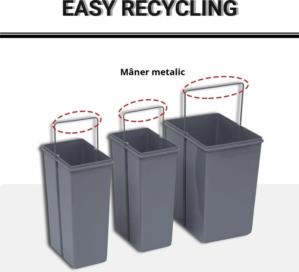 Homcom Cos Gunoi Ecologic 40L – 3 Compartimente Separate, Gri | Aosom Romania