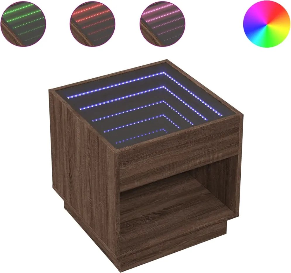 vidaXL Noptieră cu LED infinity, stejar maro, 50x50x50 cm
