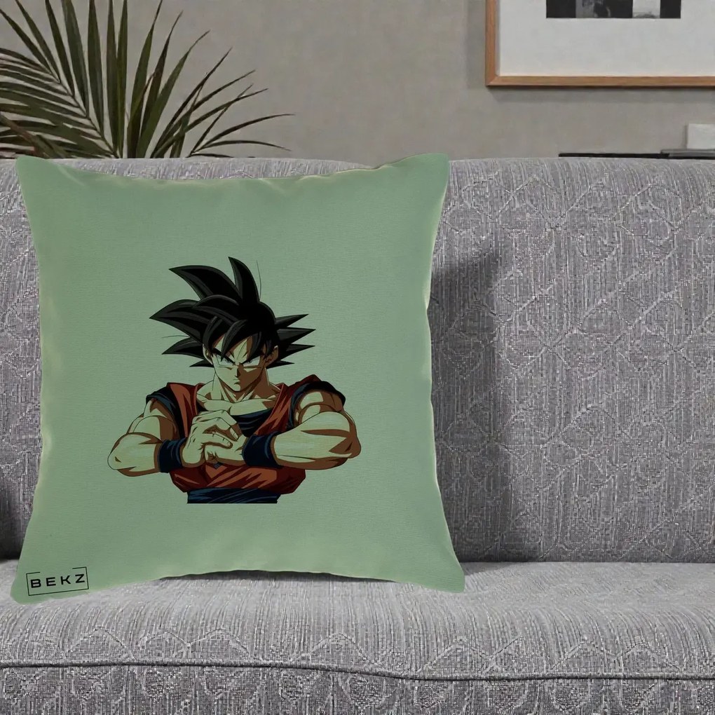 Perna Personalizata Dragon Ball Goku Portret Serios, 40x40 cm, Verde, Husa Detasabila, Perna Inclusa, BEKZ®