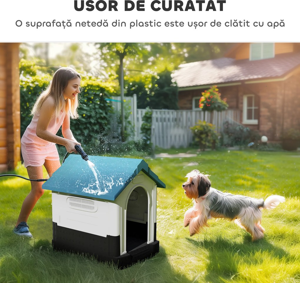 PawHut Cușcă pentru Câini de Exterior din Plastic, Căsuță pentru Câini Mici și Mini cu Ferestre, Acoperiș Înclinat și Bază Ridicată, 64,5x57x66 cm, Albastru | Aosom Romania