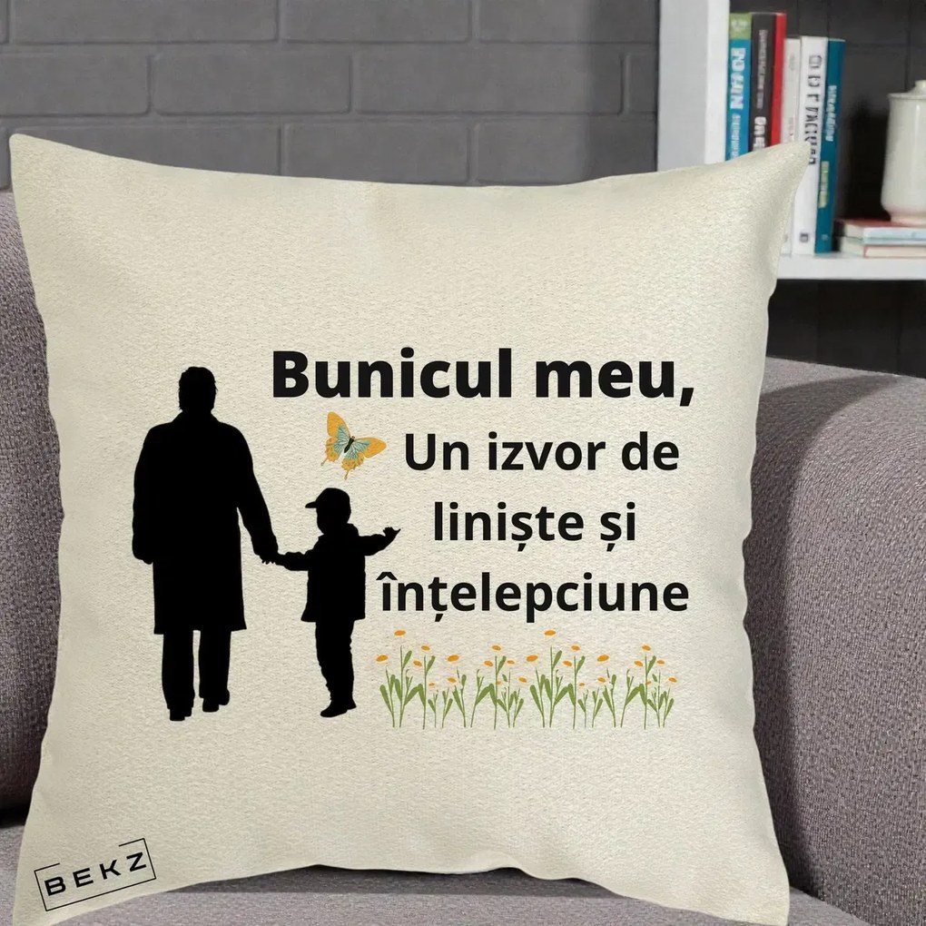Cadou pentru Bunic - Perna Personalizata Bunicul Meu Izvor de Liniste cu Fluture si Baietel, 40x40 cm, Ecru, Husa Detasabila, Perna Inclusa, BEKZ®