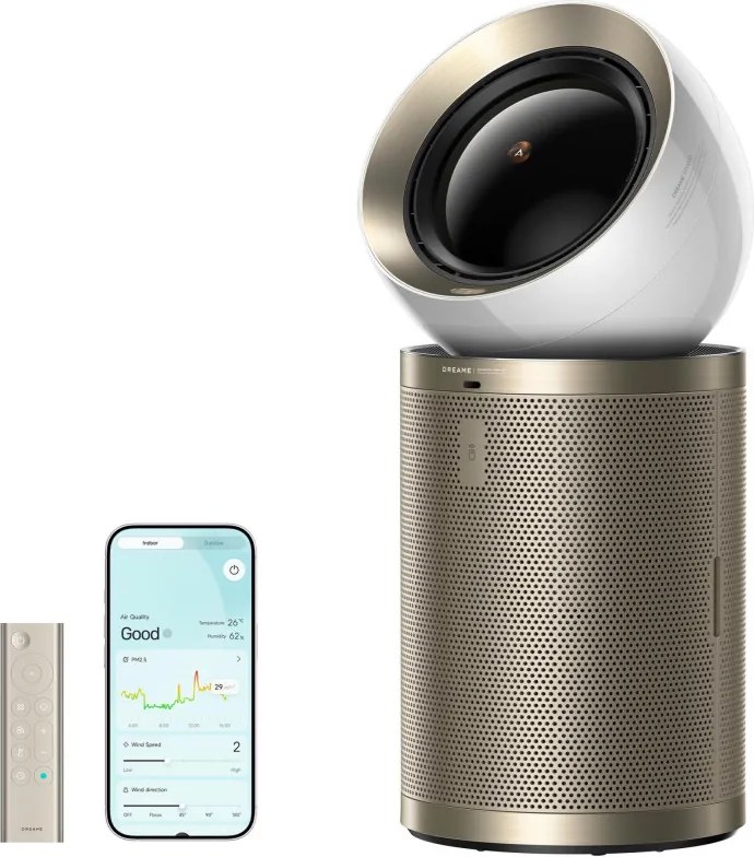 La mâna a doua: Purificator de aer Dreame AirPursue PM20 CVF14A, 48 m², funcții automate, încălzire, sterilizare cu plasmă și UVC, TVOC, LCD, HEPA, alb/bronz
