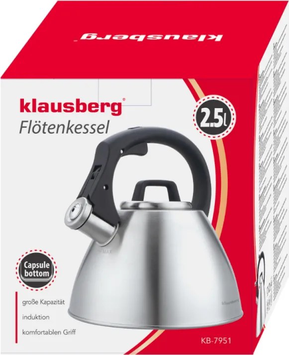 Ceainic cu fluier Klausberg KB 7951, 2.5 l, Otel inoxidabil, Maner termoizolant, Inductie, Onix mat
