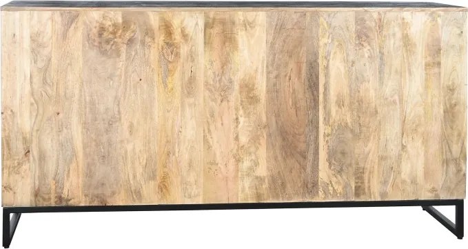 Bufet negru din lemn de mango, cu 4 uși și 2 sertare îmbrăcate în piele de vacă cu păr, 90 x 172 x 45 cm, „Vachette”