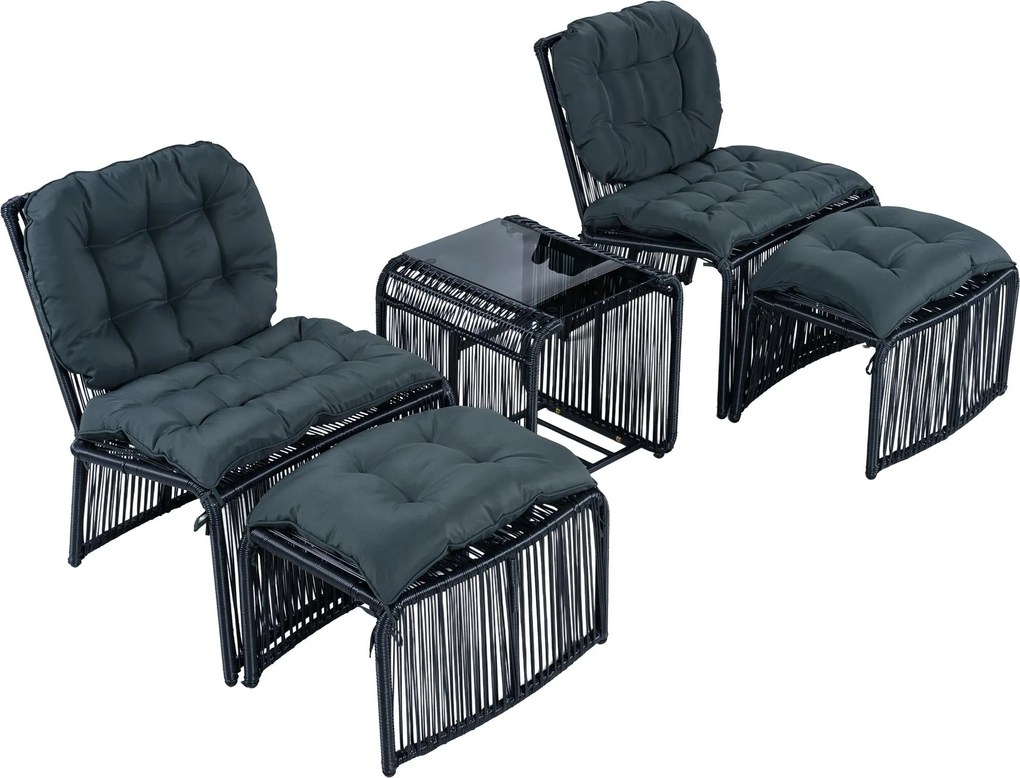 Set mobilier de grădină de exterior în 5 piese, set lounge pentru balcon cu 2 scaune, 2 taburete și masă cu blat din sticlă, Negru+Gri