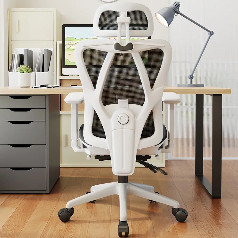Scaun ergonomic cu suport lombar 4D, tetieră reglabilă 4D, cotiere 3D, pivotant 360°, suport pentru picioare, Mesh, Alb/Negru