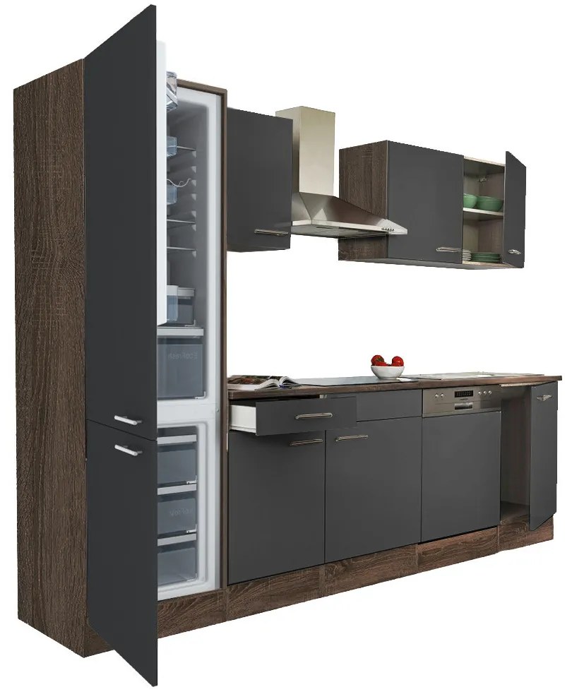 Mobilă de bucătărie Yorki 280, corp din stejar Yorki, față antracit satinat, frigider cu congelator în partea de jos