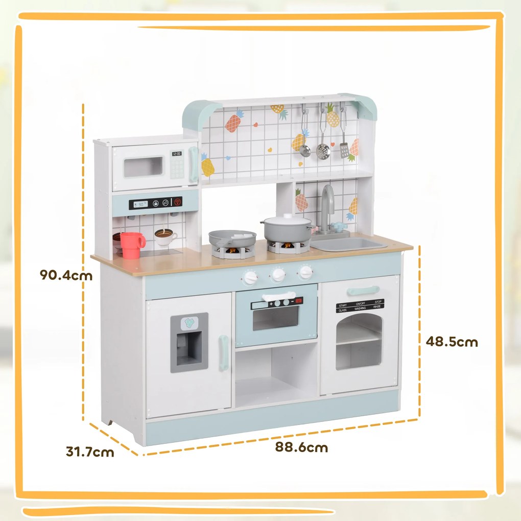 AIYAPLAY Bucătărie de Jucărie pentru Copii de 3+ Ani din Lemn, Aragaz Interactiv, Cuptor și Mașină de Cafea, Albă | Aosom Romania