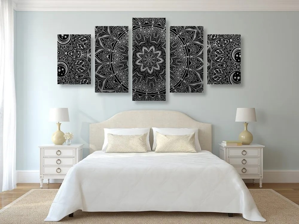 Tablou 5-piese Mandala orientală în design alb-negru