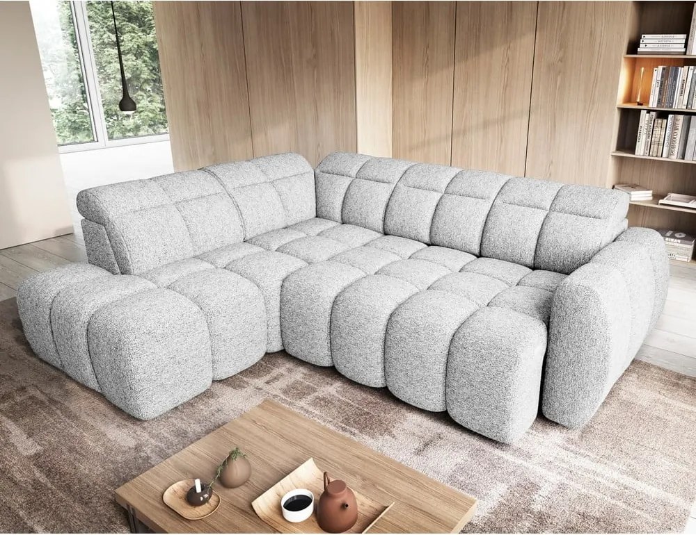 Colțar gri deschis extensibil/cu spațiu de depozitare cu tapițerie din țesătură bouclé (cu colț pe partea stângă/în formă de ”L”) Falconn – ELTAP