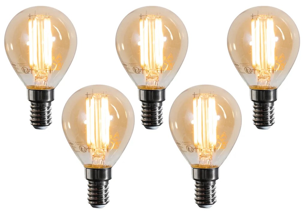 Set de 5 becuri LED E14 G45 aurii 2W 180 lm 2100K