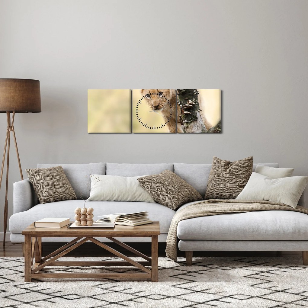 Tablou cu pui de leu (cu ceas) (90x30 cm)
