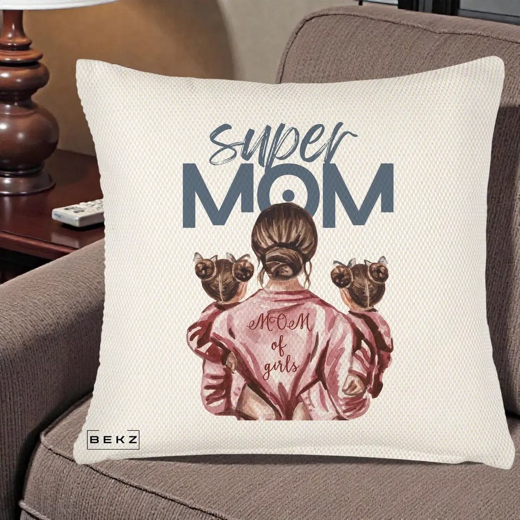 Cadou pentru Mama - Perna Personalizata Super Mom of Girls Mama cu Gemene, 40x40 cm, Crem Reliefat, Husa Detasabila, Perna Inclusa, BEKZ®