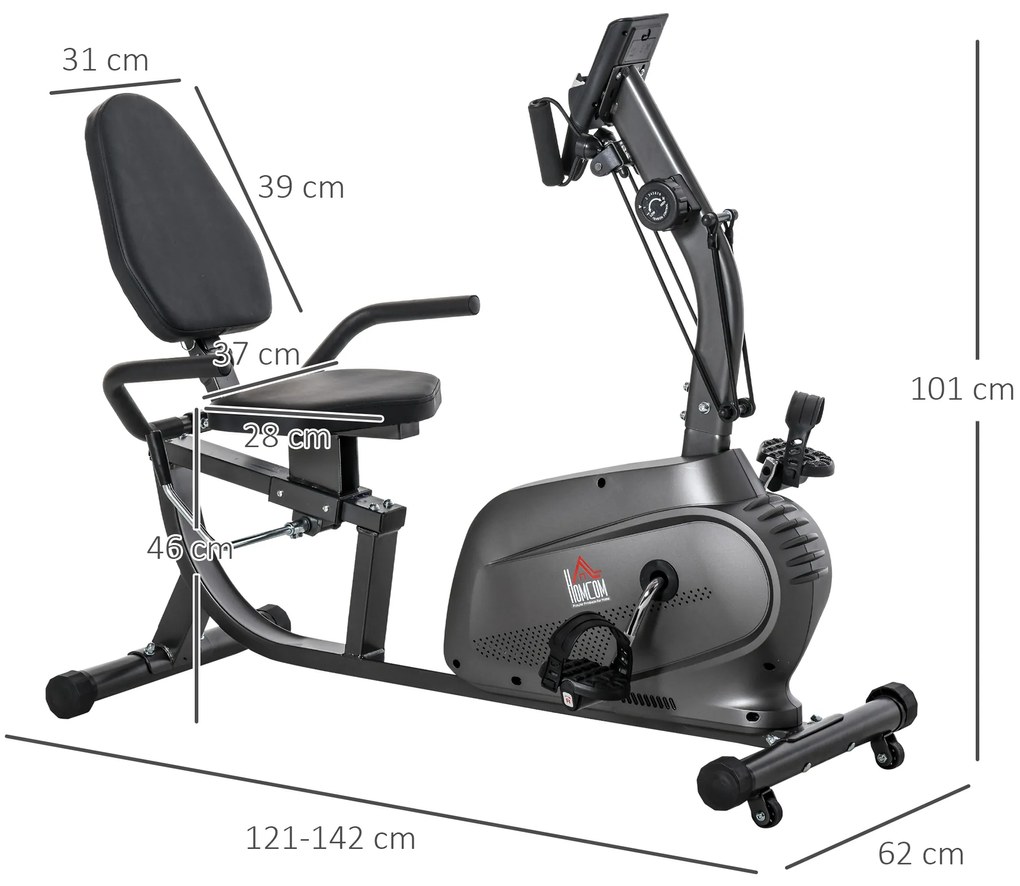 HOMCOM Bicicletă Magnetică Orizontală Scaun Reglabil și Elastice pentru Brațe | Aosom Romania