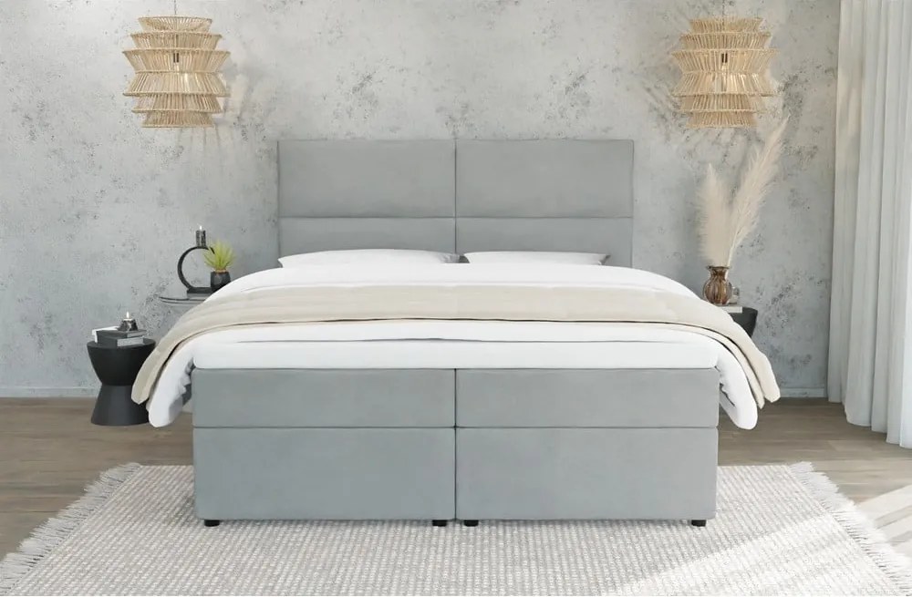Pat boxspring gri deschis cu spațiu de depozitare 200x200 cm Rico – Ropez