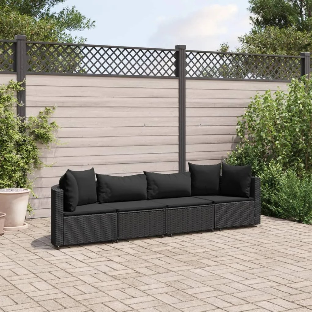 3308459 vidaXL Set mobilier de grădină cu perne, 4 piese, negru, poliratan