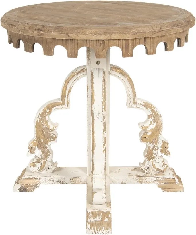 Măsuță laterală sculptată, rotundă, din lemn, natur și alb, cu bordură în arcade și console cu volute, finisaj antichizat, 81 x 80 cm, „Éléonore”