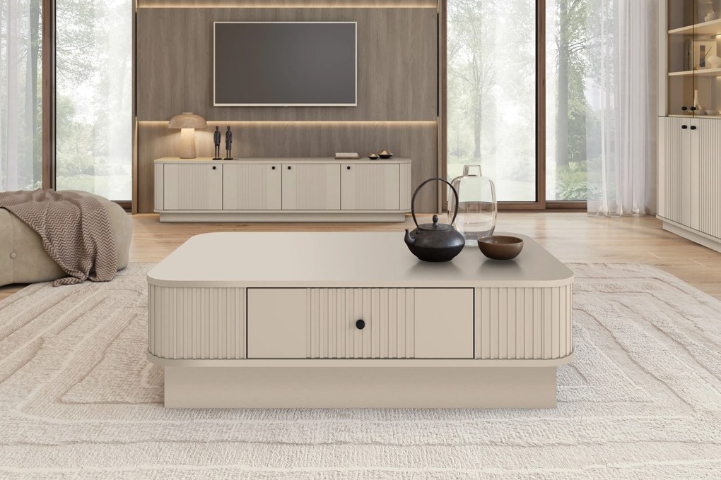 Măsuță de cafea Vesper 103x60 cm cu sertar pe plintă - cashmere / mâner negru