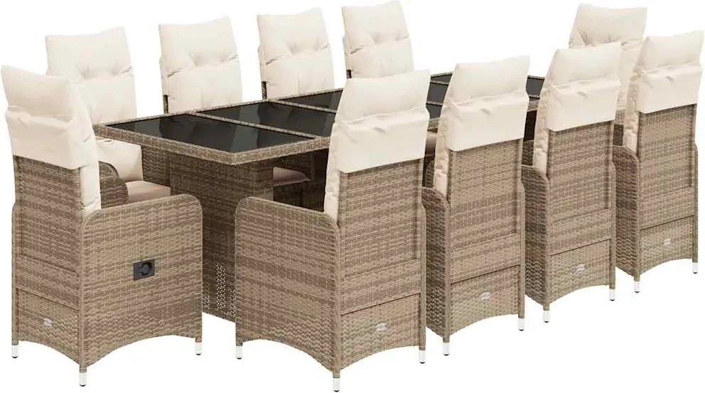 vidaXL Set bistro de grădină, 11 piese, cu perne, bej, poliratan