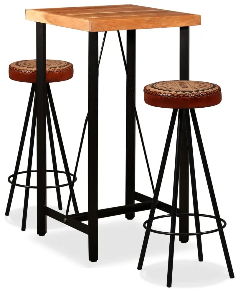 vidaXL Set de bar, 3 buc., lemn masiv acacia, piele naturală și pânză