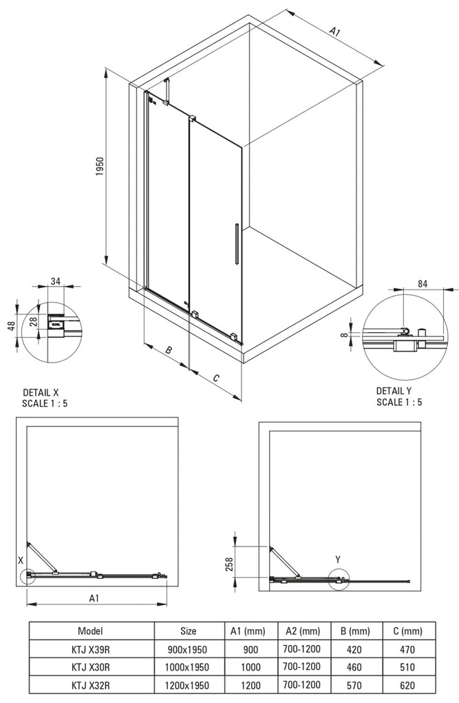 Paravan dus sticla securizata walk-in cu usa glisanta, 90x195 cm, auriu lucios, Deante Prizma Auriu lucios, 900x1950 mm