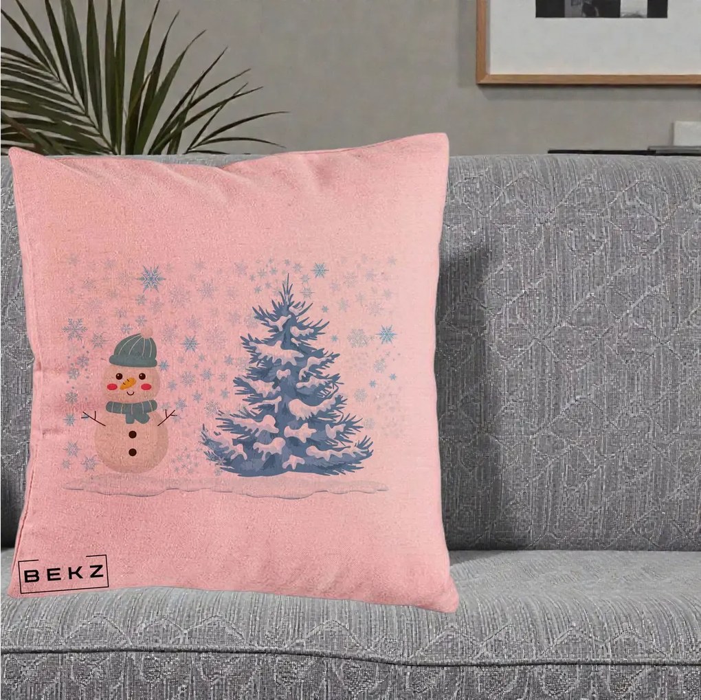 Perna Decorativa Om de Zapada si Brad Craciun, 40x40 cm, Roz, Husa Detasabila, Perna Inclusa, BEKZ®