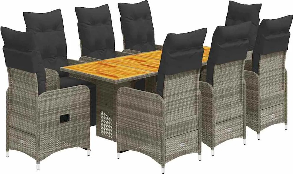 vidaXL Set bistro de grădină cu perne, 9 piese, gri, poliratan