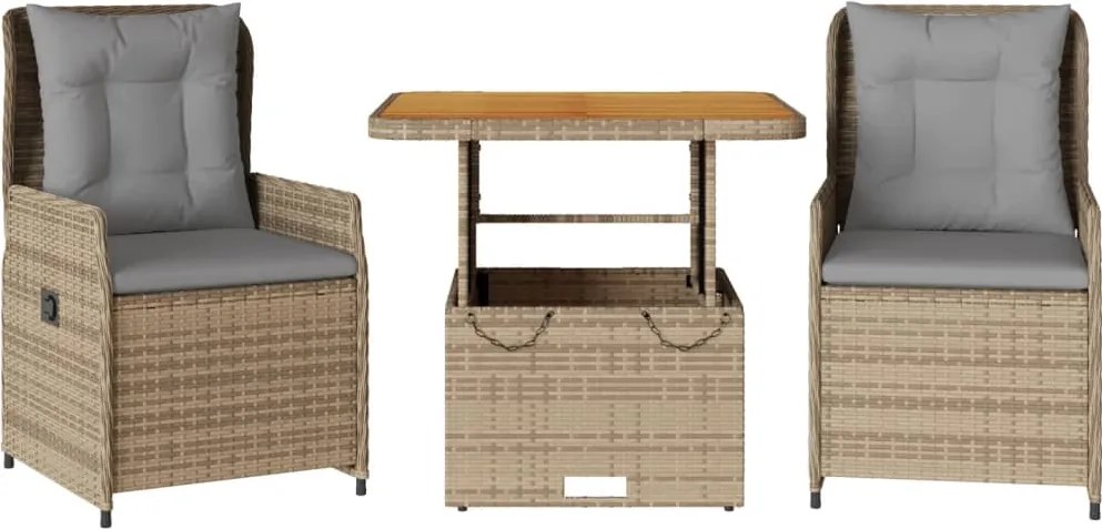 vidaXL Set bistro cu perne, 3 piese, bej, poliratan