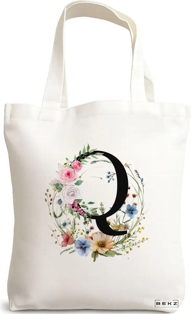 Sacosa de Panza pentru Cumparaturi, Geanta Tote, Cu litera Q in Coronita Florala, 38x34.5 cm, Alba, BEKZ®