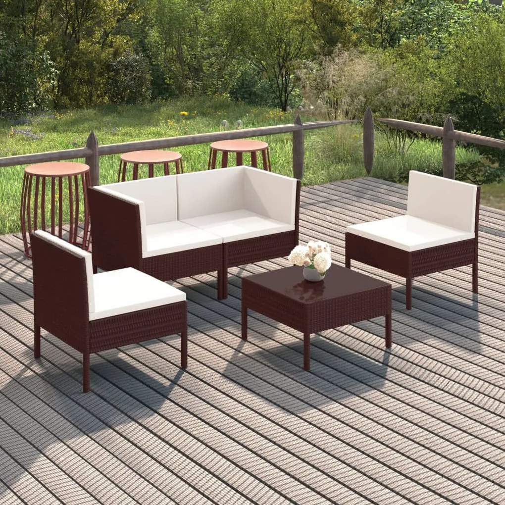 3094339 vidaXL Set mobilier de grădină cu perne, 5 piese, maro, poliratan