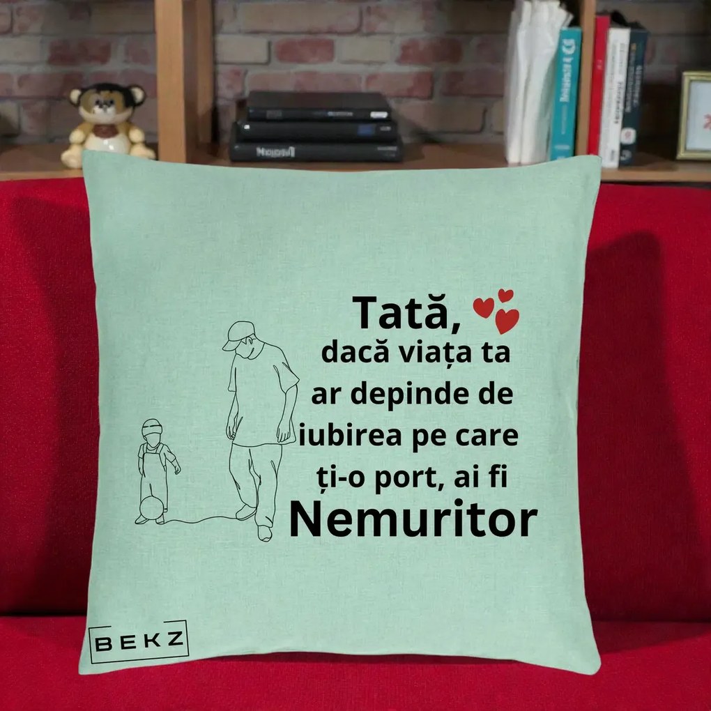 Cadou pentru Tata - Perna Personalizata Tata Nemuritor Joaca cu Mingea, 40x40 cm, Verde Menta, Husa Detasabila, Perna Inclusa, BEKZ®