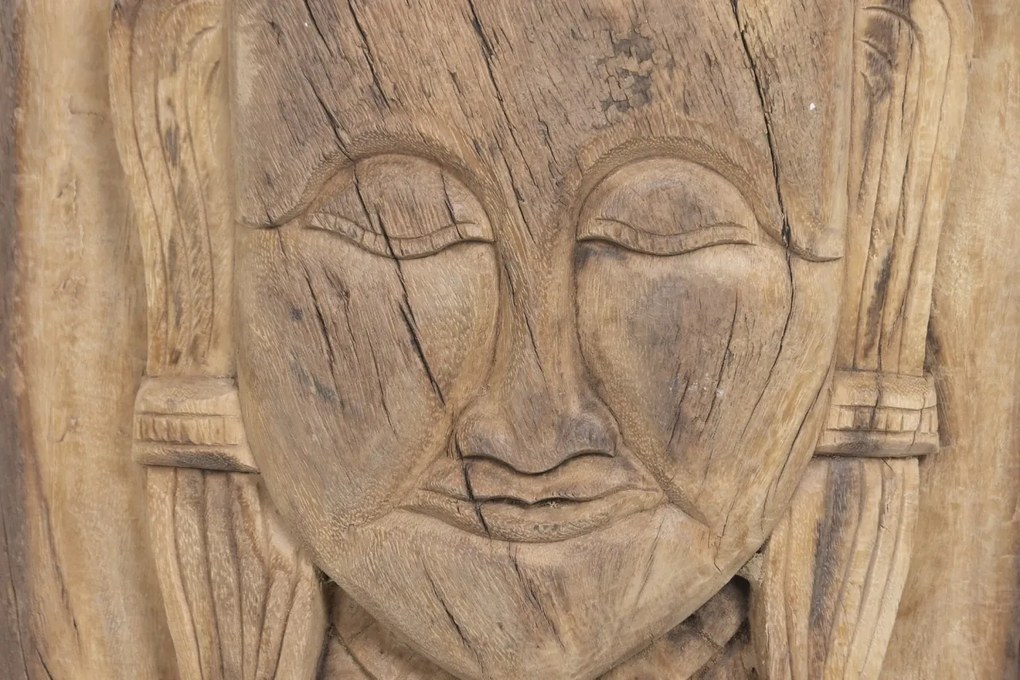 Coloană decorativă din lemn masiv de tec, maro, cu Buddha sculptat manual, finisaj natural, 103 x 40 x 40 cm, „Ayutthaya”
