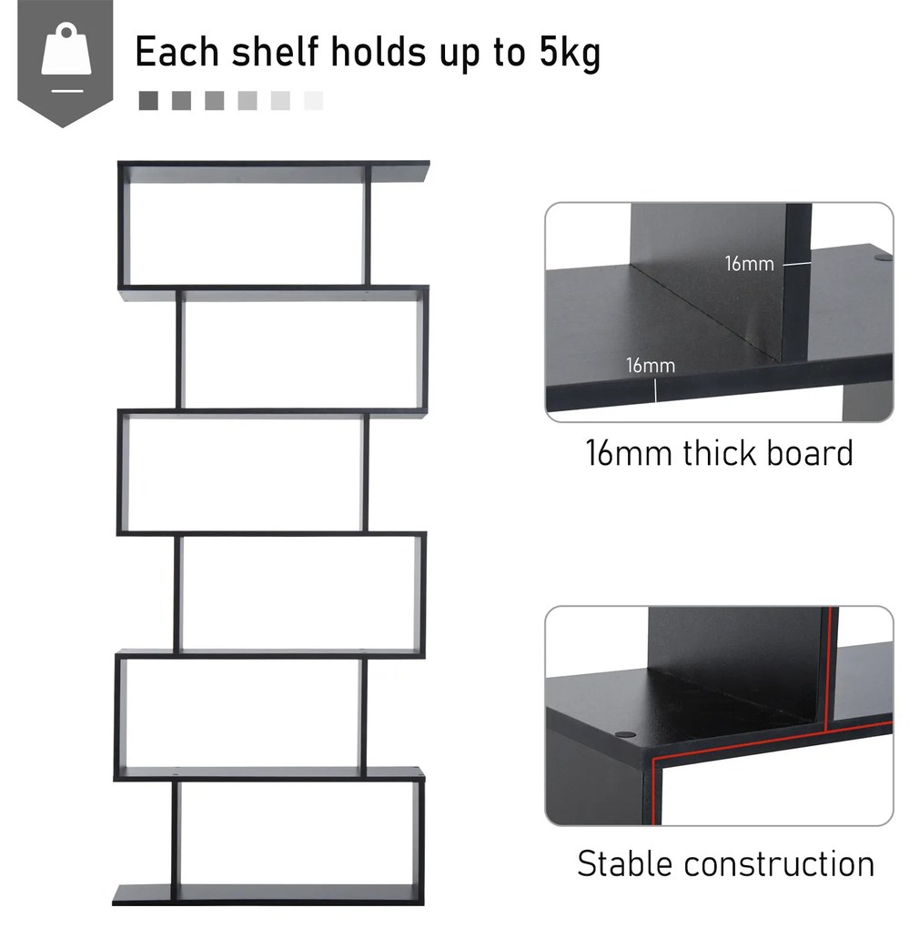 Biblioteca Design Modern in forma de S, din Lemn, cu 6 Rafturi, Negru, 80x23x192cm HOMCOM | Aosom RO