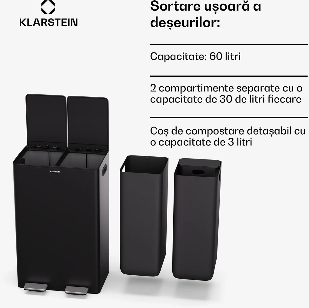 Klarstein EcoVista, coș de gunoi cu composter, 60 l + 3 l/coș + composter, Soft-Close