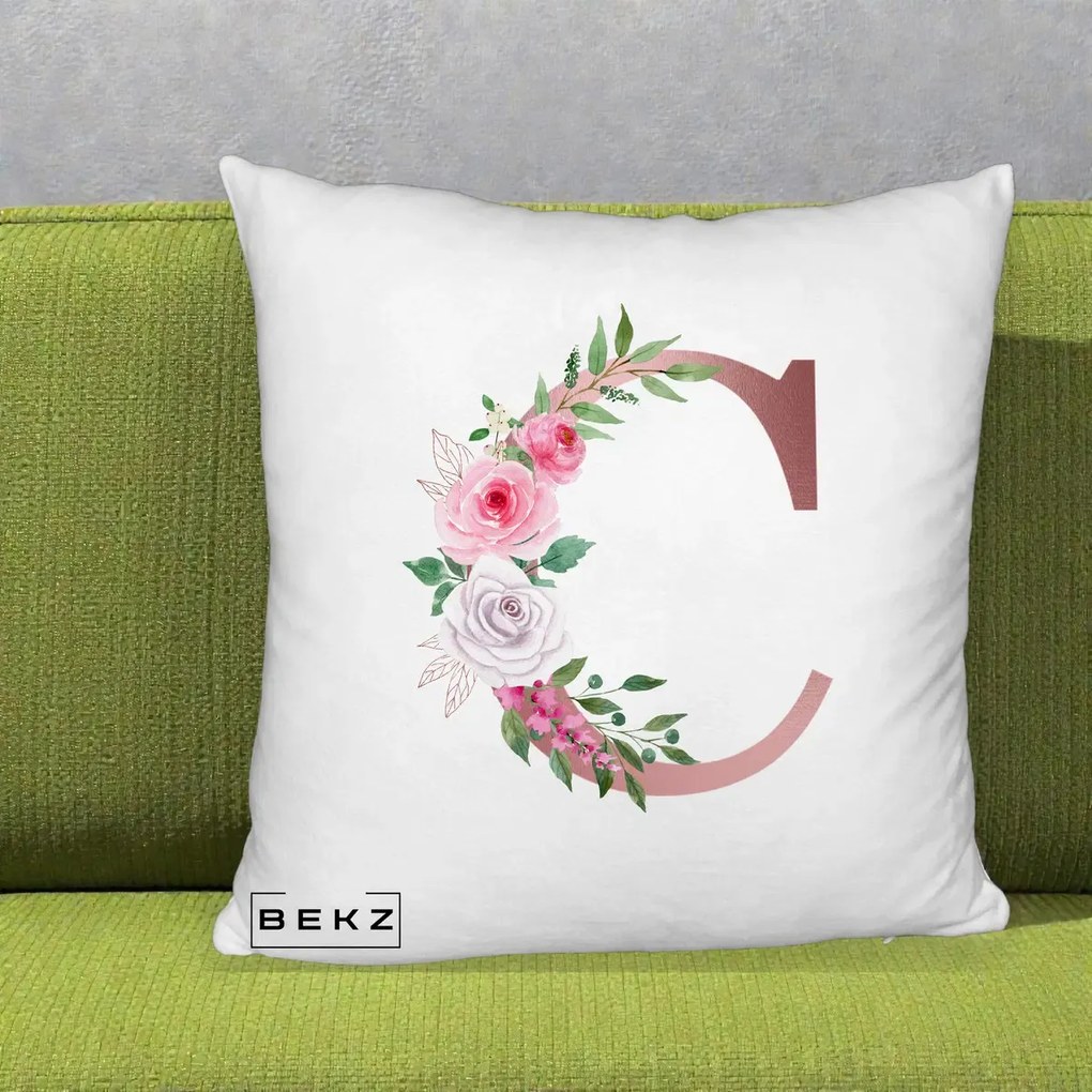 Cadou Personalizat - Perna Personalizata Monograma Rose Gold Litera C, 40x40 cm, Alb Pufos, Husa Detasabila, Perna Inclusa, BEKZ®