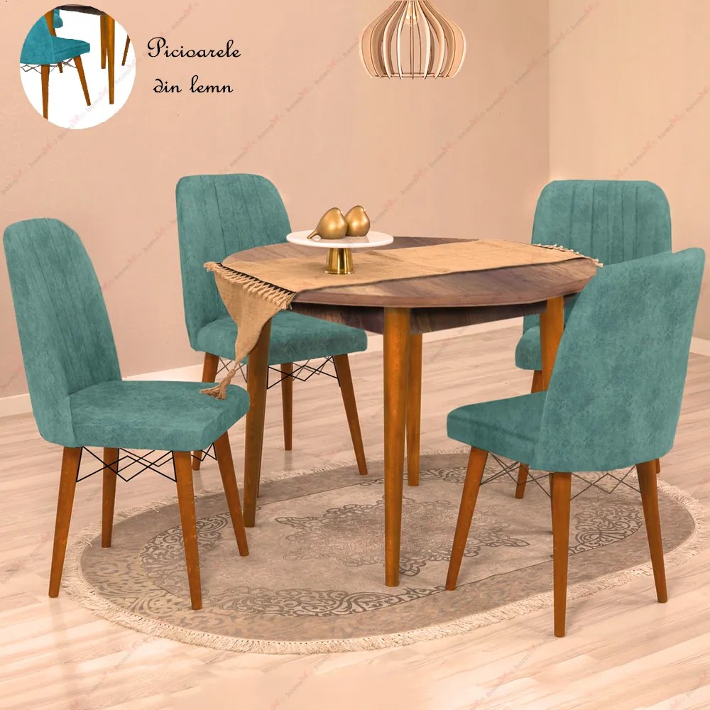 Masa bucatarie rotunda Brigitte, culoare alb si nuc, 90 cm