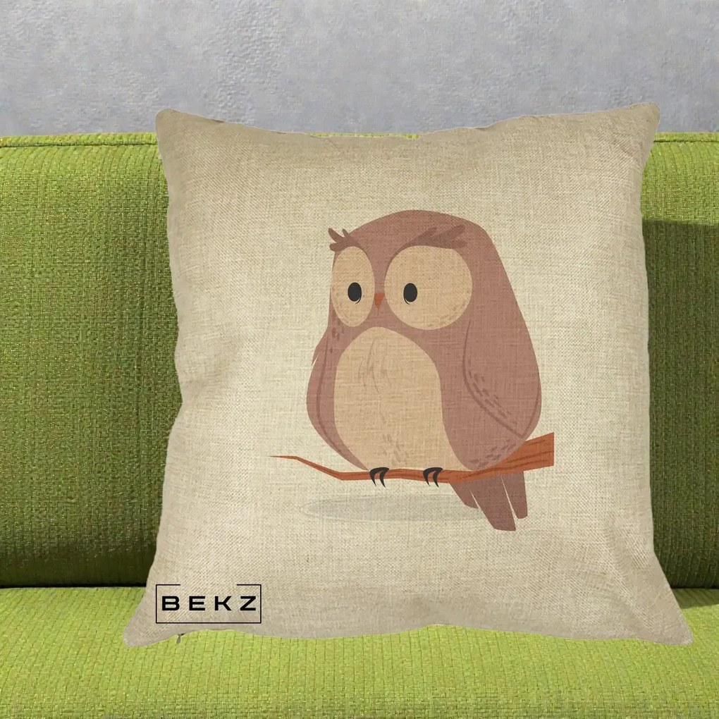 Perna Decorativa Bufnita Kawaii pe Creanga, 40x40 cm, Crem, Husa Detasabila, Perna Inclusa, BEKZ®