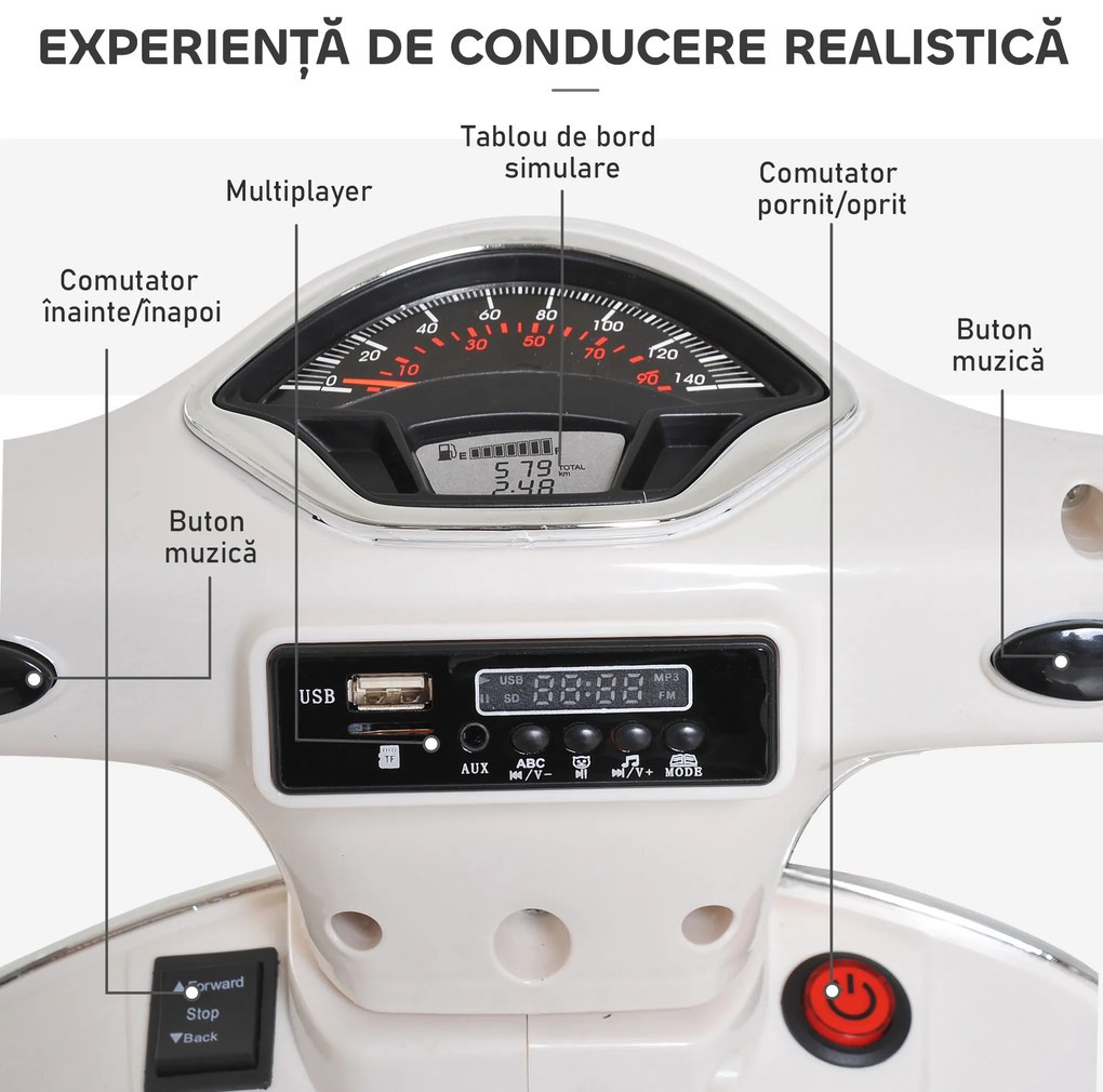 HOMCOM Motocicletă Electrică pentru Copii, 6V cu Muzică, Lumini și Sunete, 102x50,5x75,5 cm, Alb | Aosom Romania