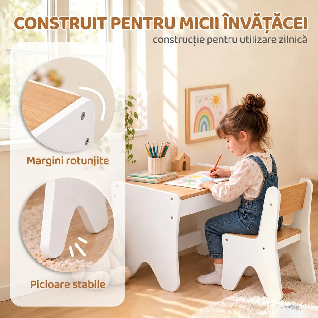 AIYAPLAY Set masă și scaun pentru copii, cu sertar, 3-8 ani, margini rotunjite, pentru camera copilului, living, grădiniță, alb | Aosom Romania