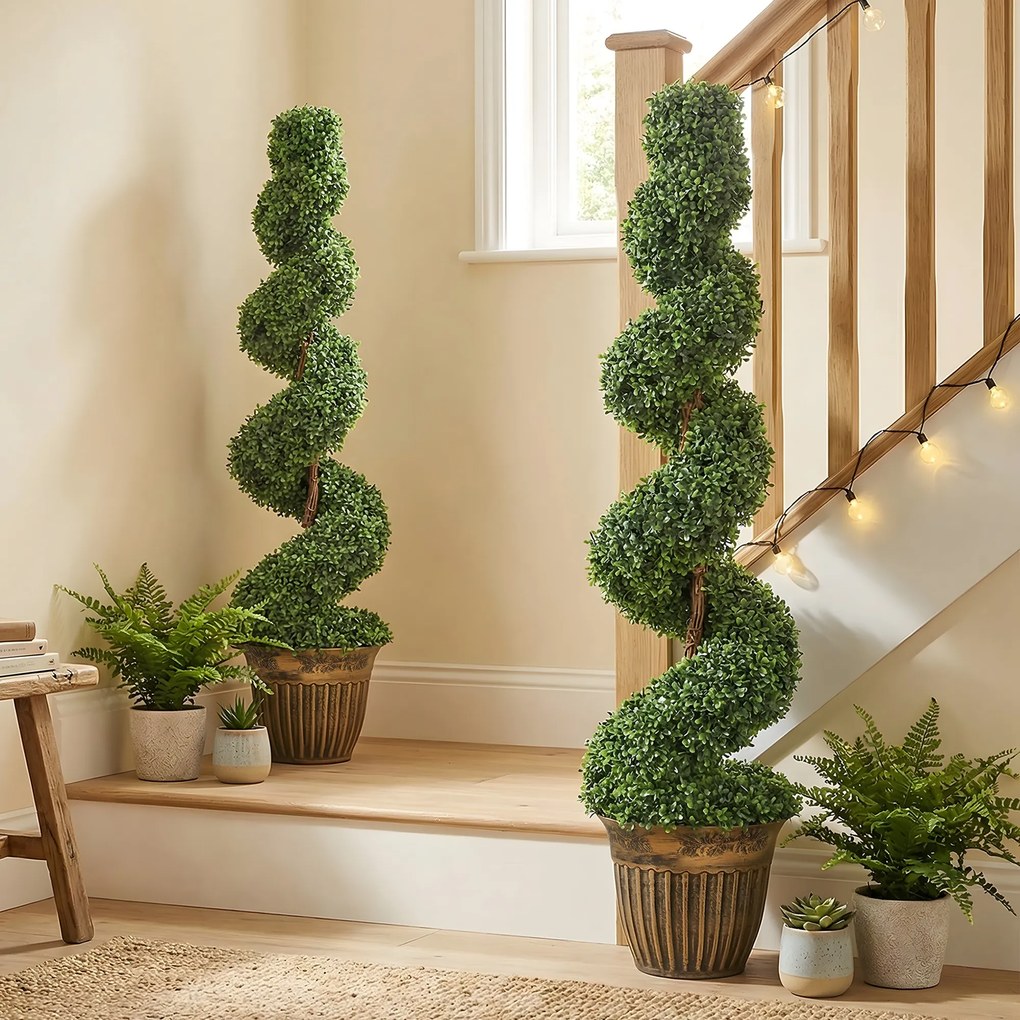 HOMCOM Set 2 plante artificiale buxus spiralate, 120 cm, cu ghiveci inclus, pentru decor interior și exterior, verde | Aosom Romania