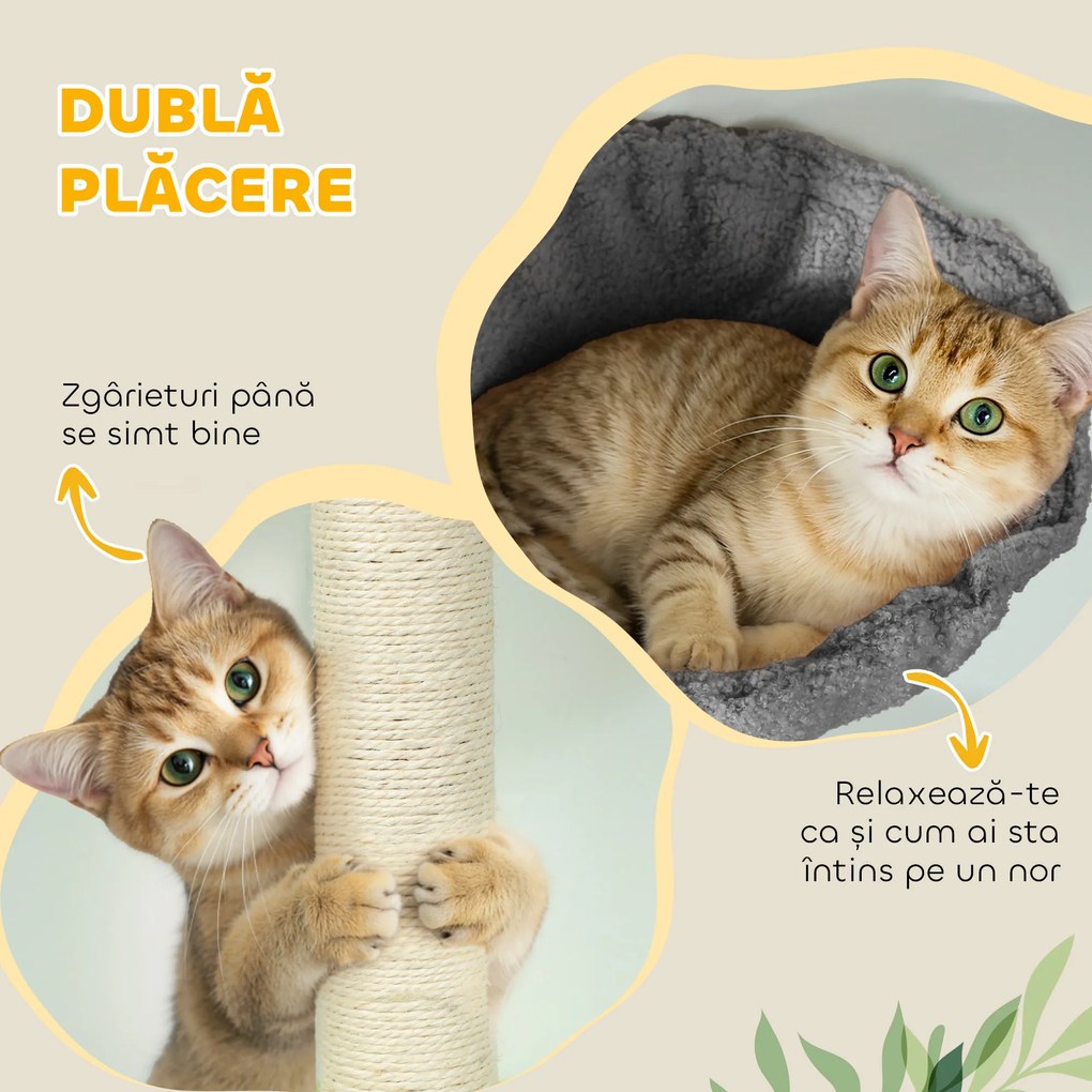 PawHut Ansamblu de joacă pentru Pisici Înalt 220-240 cm cu Hamac, Casetă, Platforme și Stâlpi din Sisal, Gri | Aosom Romania