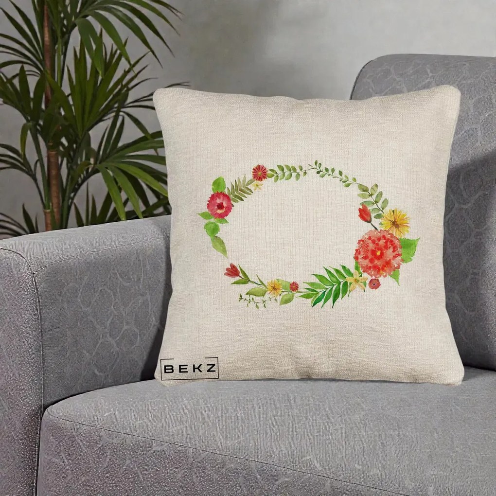 Perna Decorativa Coroana Florala Acuarela, 40x40 cm, Bej Canapea, Husa Detasabila, Perna Inclusa, BEKZ®